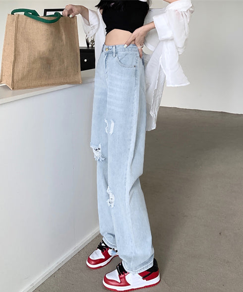 ワイド デニムパンツ ダメージ加工脚長 ハイウエスト ストレートパンツ レディース おしゃれ カジュアル ジーパン 着やせ 春夏 ロングパンツ 韓国風 80PINC-002