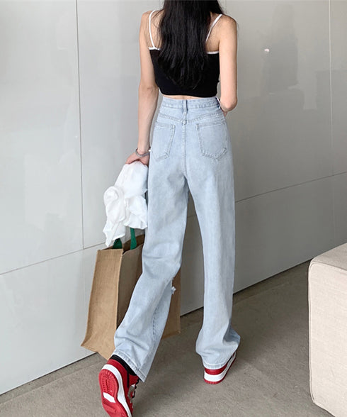 ワイド デニムパンツ ダメージ加工脚長 ハイウエスト ストレートパンツ レディース おしゃれ カジュアル ジーパン 着やせ 春夏 ロングパンツ 韓国風 80PINC-002