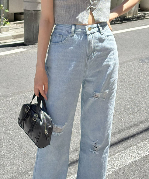ワイド デニムパンツ ダメージ加工脚長 ハイウエスト ストレートパンツ レディース おしゃれ カジュアル ジーパン 着やせ 春夏 ロングパンツ 韓国風 80PINC-002
