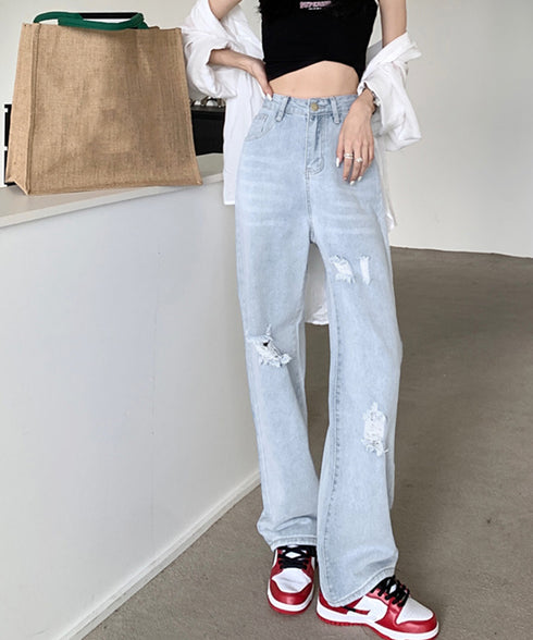 ワイド デニムパンツ ダメージ加工脚長 ハイウエスト ストレートパンツ レディース おしゃれ カジュアル ジーパン 着やせ 春夏 ロングパンツ 韓国風 80PINC-002