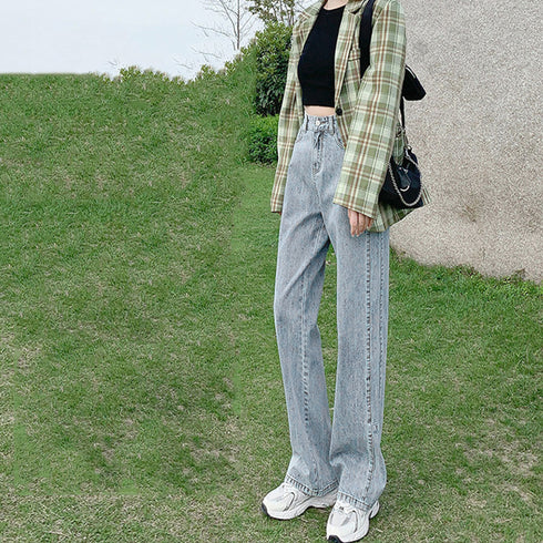 ストレートデニムパンツ ハイウエスト美脚 韓国風 レディース セミワイドパンツ カジュアル ジーンズ 着やせ オルチャン ストリート ボトムス お洒落 春秋夏 80PINC-003