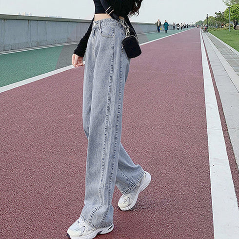 ストレートデニムパンツ ハイウエスト美脚 韓国風 レディース セミワイドパンツ カジュアル ジーンズ 着やせ オルチャン ストリート ボトムス お洒落 春秋夏 80PINC-003
