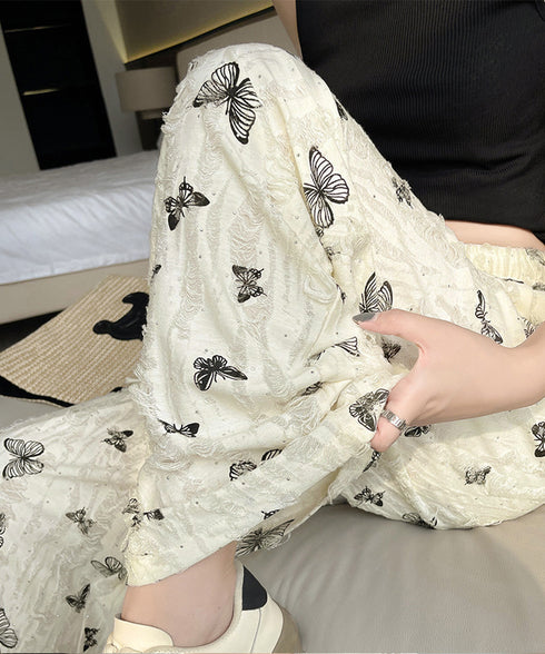 蝶柄ワイドパンツ ダメージロングパンツ夏 レディース ウエストゴム ストレートパンツ ラインストーン 韓国風 着やせイージーパンツ脚長 バタフライパンツ ゆったり 80QINGY-001
