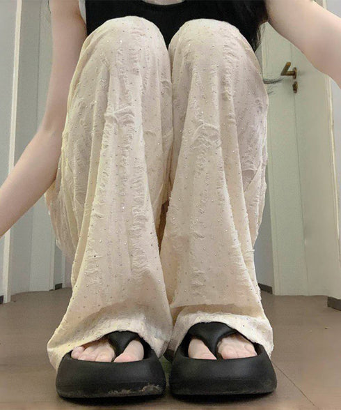 蝶柄ワイドパンツ ダメージロングパンツ夏 レディース ウエストゴム ストレートパンツ ラインストーン 韓国風 着やせイージーパンツ脚長 バタフライパンツ ゆったり 80QINGY-001