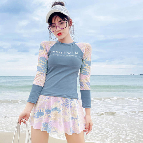 体型カバー 水着 レディース セパレート 水着 韓国 フィットネス 水着 オトナ女子 半袖 長袖 ラッシュガード 上下セット かわいい 水着2点セットスイムウェア 80QMU-003