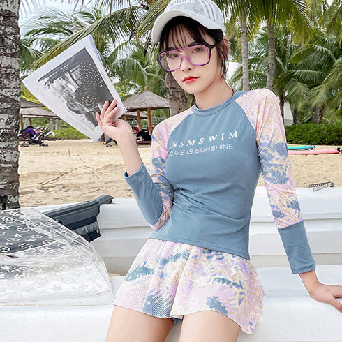 体型カバー 水着 レディース セパレート 水着 韓国 フィットネス 水着 オトナ女子 半袖 長袖 ラッシュガード 上下セット かわいい 水着2点セットスイムウェア 80QMU-003