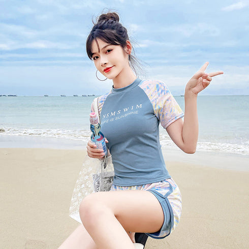 体型カバー 水着 レディース セパレート 水着 韓国 フィットネス 水着 オトナ女子 半袖 長袖 ラッシュガード 上下セット かわいい 水着2点セットスイムウェア 80QMU-003