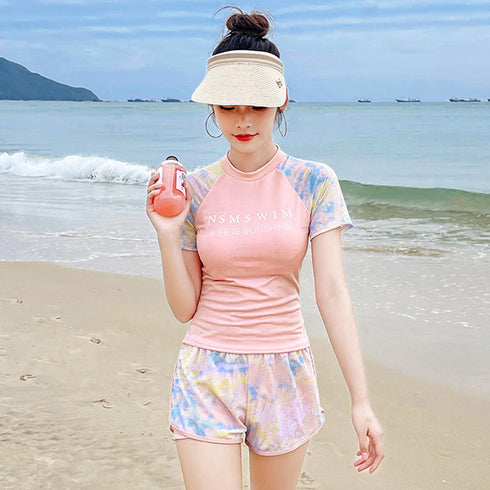 体型カバー 水着 レディース セパレート 水着 韓国 フィットネス 水着 オトナ女子 半袖 長袖 ラッシュガード 上下セット かわいい 水着2点セットスイムウェア 80QMU-003