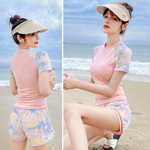 体型カバー 水着 レディース セパレート 水着 韓国 フィットネス 水着 オトナ女子 半袖 長袖 ラッシュガード 上下セット かわいい 水着2点セットスイムウェア 80QMU-003