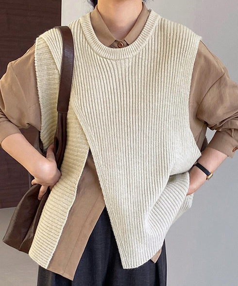 リブニットベスト 前後スリットニットジレ レディース こなれ感ノースリーブニットトップス ラウンドネック 大人カジュアル おしゃれ ゆったり重ね着ニット 韓国風 80QT-001