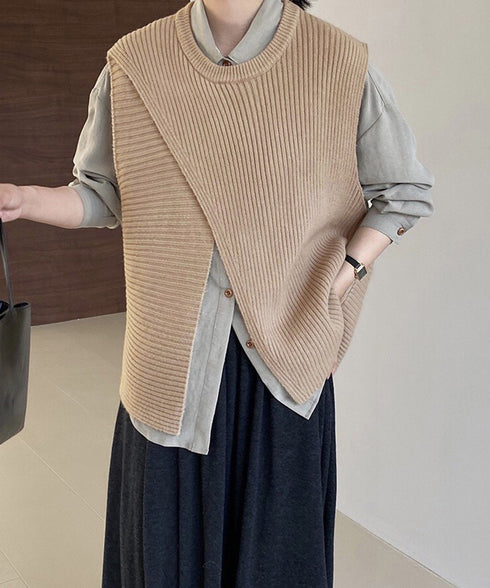 リブニットベスト 前後スリットニットジレ レディース こなれ感ノースリーブニットトップス ラウンドネック 大人カジュアル おしゃれ ゆったり重ね着ニット 韓国風 80QT-001