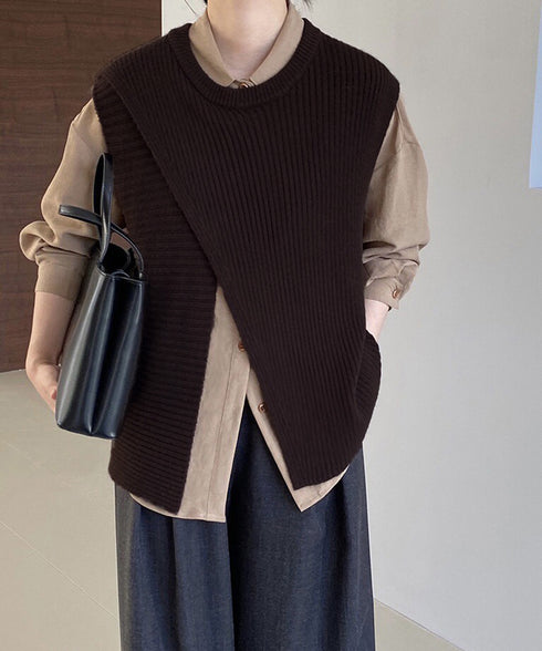 リブニットベスト 前後スリットニットジレ レディース こなれ感ノースリーブニットトップス ラウンドネック 大人カジュアル おしゃれ ゆったり重ね着ニット 韓国風 80QT-001