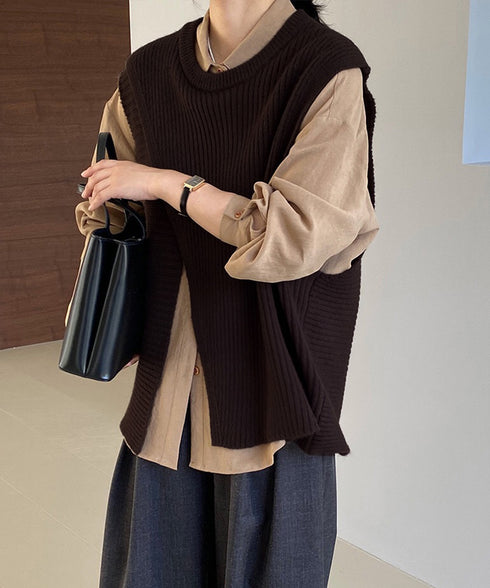 リブニットベスト 前後スリットニットジレ レディース こなれ感ノースリーブニットトップス ラウンドネック 大人カジュアル おしゃれ ゆったり重ね着ニット 韓国風 80QT-001