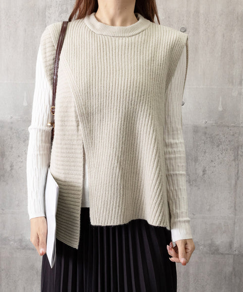 リブニットベスト 前後スリットニットジレ レディース こなれ感ノースリーブニットトップス ラウンドネック 大人カジュアル おしゃれ ゆったり重ね着ニット 韓国風 80QT-001