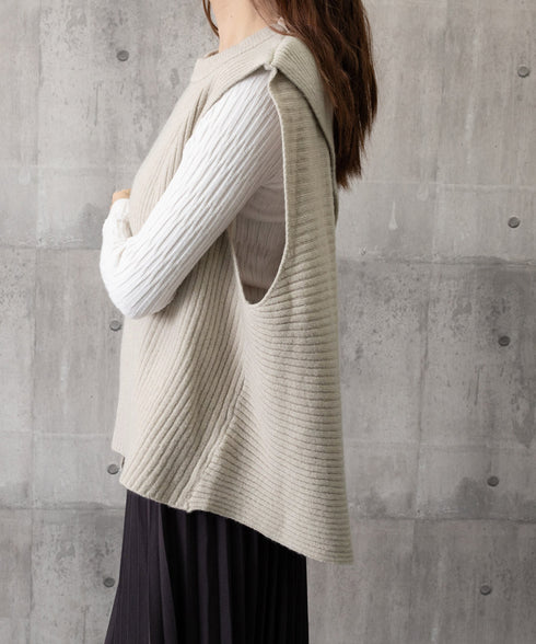 リブニットベスト 前後スリットニットジレ レディース こなれ感ノースリーブニットトップス ラウンドネック 大人カジュアル おしゃれ ゆったり重ね着ニット 韓国風 80QT-001