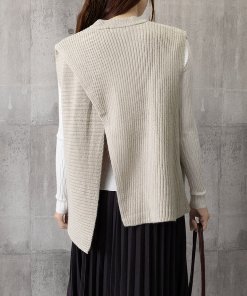 リブニットベスト 前後スリットニットジレ レディース こなれ感ノースリーブニットトップス ラウンドネック 大人カジュアル おしゃれ ゆったり重ね着ニット 韓国風 80QT-001