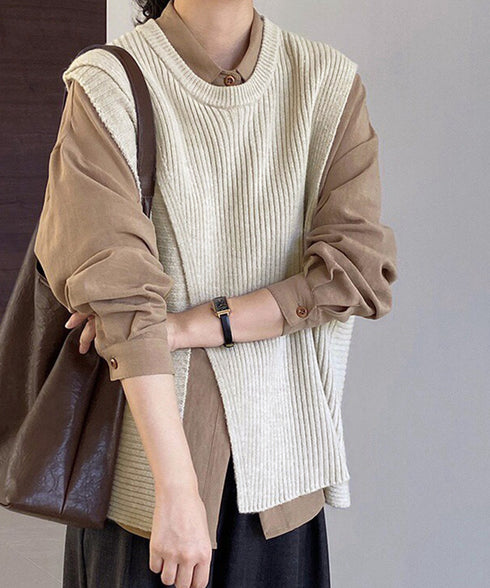 リブニットベスト 前後スリットニットジレ レディース こなれ感ノースリーブニットトップス ラウンドネック 大人カジュアル おしゃれ ゆったり重ね着ニット 韓国風 80QT-001