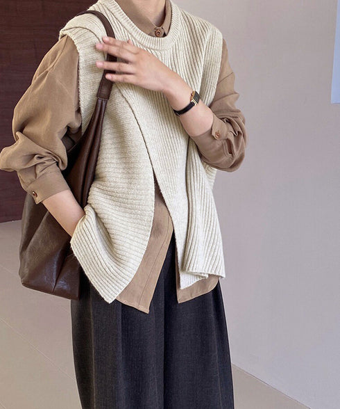 リブニットベスト 前後スリットニットジレ レディース こなれ感ノースリーブニットトップス ラウンドネック 大人カジュアル おしゃれ ゆったり重ね着ニット 韓国風 80QT-001