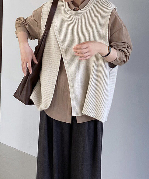 リブニットベスト 前後スリットニットジレ レディース こなれ感ノースリーブニットトップス ラウンドネック 大人カジュアル おしゃれ ゆったり重ね着ニット 韓国風 80QT-001