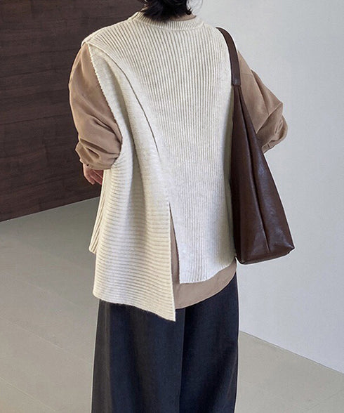 リブニットベスト 前後スリットニットジレ レディース こなれ感ノースリーブニットトップス ラウンドネック 大人カジュアル おしゃれ ゆったり重ね着ニット 韓国風 80QT-001