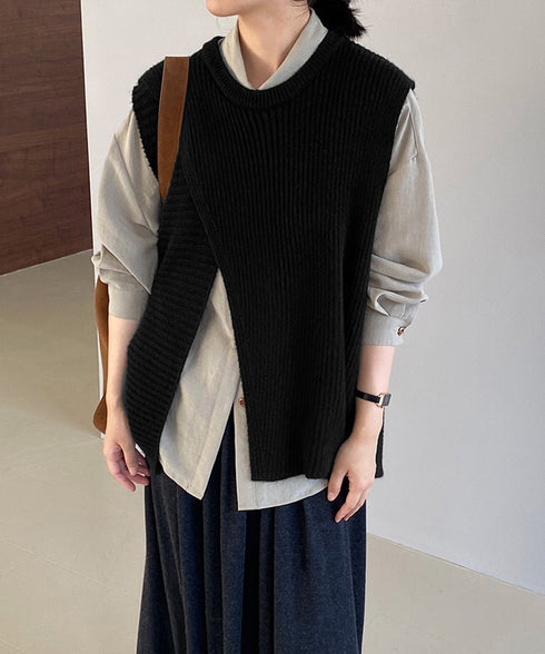 リブニットベスト 前後スリットニットジレ レディース こなれ感ノースリーブニットトップス ラウンドネック 大人カジュアル おしゃれ ゆったり重ね着ニット 韓国風 80QT-001