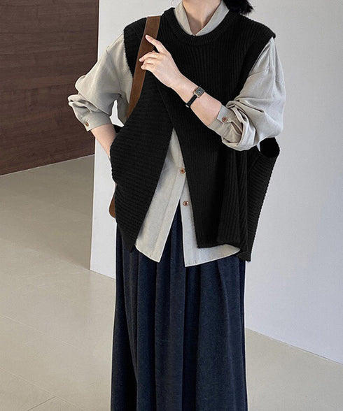 リブニットベスト 前後スリットニットジレ レディース こなれ感ノースリーブニットトップス ラウンドネック 大人カジュアル おしゃれ ゆったり重ね着ニット 韓国風 80QT-001