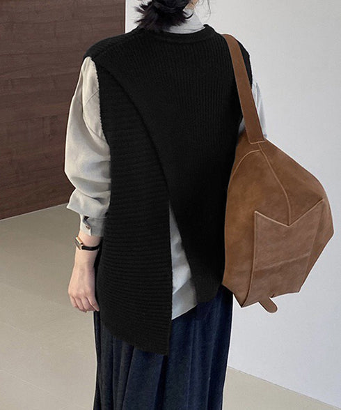 リブニットベスト 前後スリットニットジレ レディース こなれ感ノースリーブニットトップス ラウンドネック 大人カジュアル おしゃれ ゆったり重ね着ニット 韓国風 80QT-001