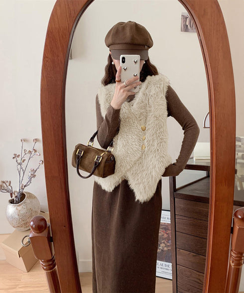 ふわふわファーベストVネックニットベスト レディース ダブルボタン エコファーベスト 春秋冬重ね着 柔らかいニットジレ軽量 大人カジュアル もこもこチョッキ韓国風 80QT-002