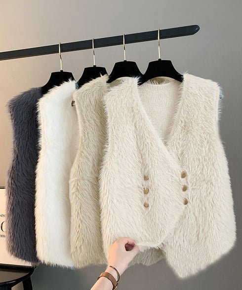 ふわふわファーベストVネックニットベスト レディース ダブルボタン エコファーベスト 春秋冬重ね着 柔らかいニットジレ軽量 大人カジュアル もこもこチョッキ韓国風 80QT-002