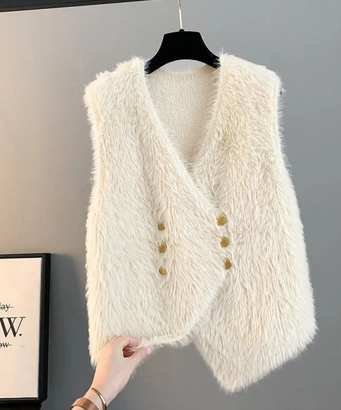 ふわふわファーベストVネックニットベスト レディース ダブルボタン エコファーベスト 春秋冬重ね着 柔らかいニットジレ軽量 大人カジュアル もこもこチョッキ韓国風 80QT-002