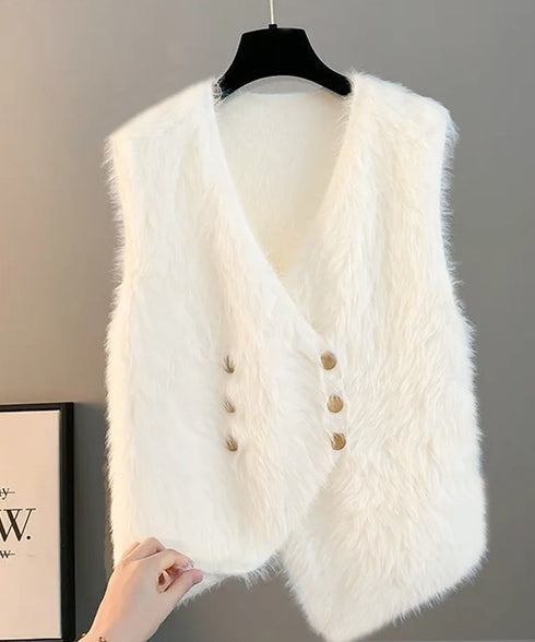 ふわふわファーベストVネックニットベスト レディース ダブルボタン エコファーベスト 春秋冬重ね着 柔らかいニットジレ軽量 大人カジュアル もこもこチョッキ韓国風 80QT-002