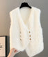 ふわふわファーベストVネックニットベスト レディース ダブルボタン エコファーベスト 春秋冬重ね着 柔らかいニットジレ軽量 大人カジュアル もこもこチョッキ韓国風 80QT-002