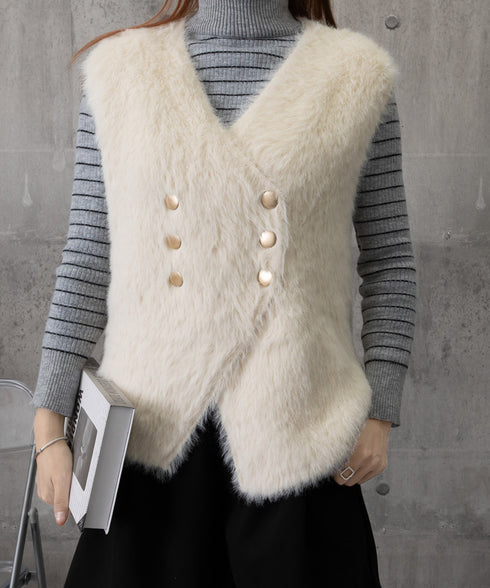ふわふわファーベストVネックニットベスト レディース ダブルボタン エコファーベスト 春秋冬重ね着 柔らかいニットジレ軽量 大人カジュアル もこもこチョッキ韓国風 80QT-002