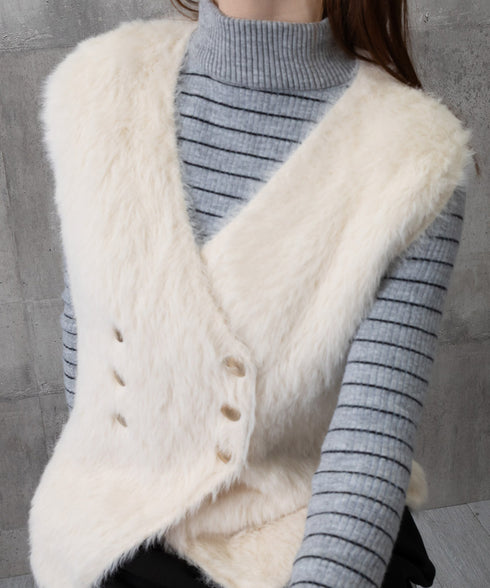 ふわふわファーベストVネックニットベスト レディース ダブルボタン エコファーベスト 春秋冬重ね着 柔らかいニットジレ軽量 大人カジュアル もこもこチョッキ韓国風 80QT-002
