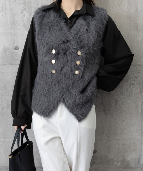 ふわふわファーベストVネックニットベスト レディース ダブルボタン エコファーベスト 春秋冬重ね着 柔らかいニットジレ軽量 大人カジュアル もこもこチョッキ韓国風 80QT-002