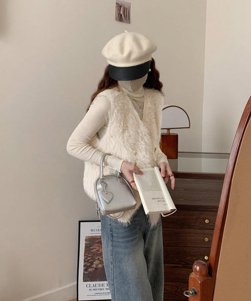 ふわふわファーベストVネックニットベスト レディース ダブルボタン エコファーベスト 春秋冬重ね着 柔らかいニットジレ軽量 大人カジュアル もこもこチョッキ韓国風 80QT-002