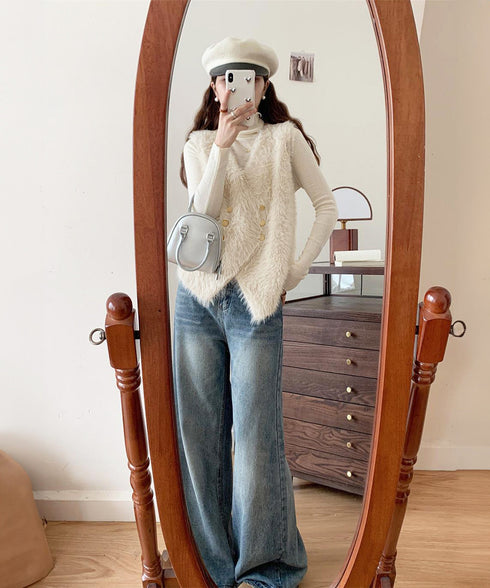 ふわふわファーベストVネックニットベスト レディース ダブルボタン エコファーベスト 春秋冬重ね着 柔らかいニットジレ軽量 大人カジュアル もこもこチョッキ韓国風 80QT-002