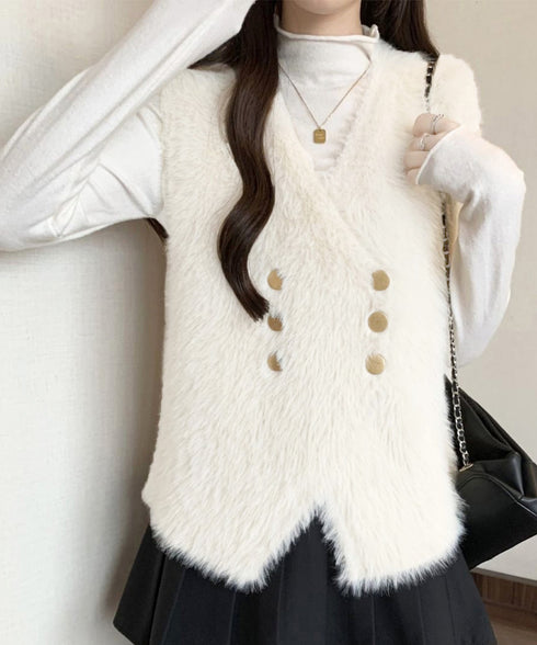 ふわふわファーベストVネックニットベスト レディース ダブルボタン エコファーベスト 春秋冬重ね着 柔らかいニットジレ軽量 大人カジュアル もこもこチョッキ韓国風 80QT-002