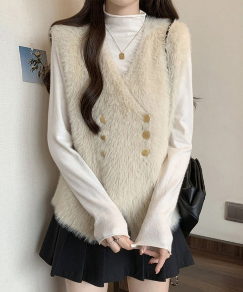 ふわふわファーベストVネックニットベスト レディース ダブルボタン エコファーベスト 春秋冬重ね着 柔らかいニットジレ軽量 大人カジュアル もこもこチョッキ韓国風 80QT-002