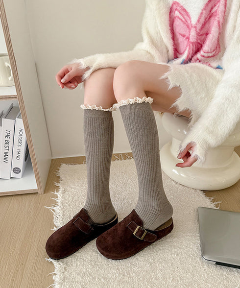 カシミヤ風 フリルロングソックス 暖かい 可愛いレースハイソックス レディース カジュアル防寒靴下あったか 春秋冬リブソックス 無地ルームソックス冷え対策美脚脚長 80QYUE-001