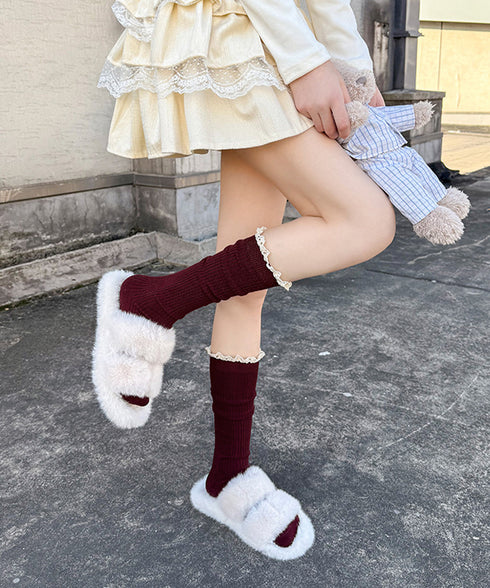 カシミヤ風 フリルロングソックス 暖かい 可愛いレースハイソックス レディース カジュアル防寒靴下あったか 春秋冬リブソックス 無地ルームソックス冷え対策美脚脚長 80QYUE-001