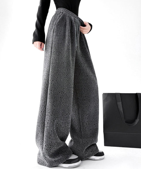 ワイドパンツ レディース イージーパンツ ハイウエストストレートパンツ 裏起毛ノーマル2タイプ ウエストゴム リラックスパンツ 着やせ 斜めストライプロングパンツ 80RTONG-002
