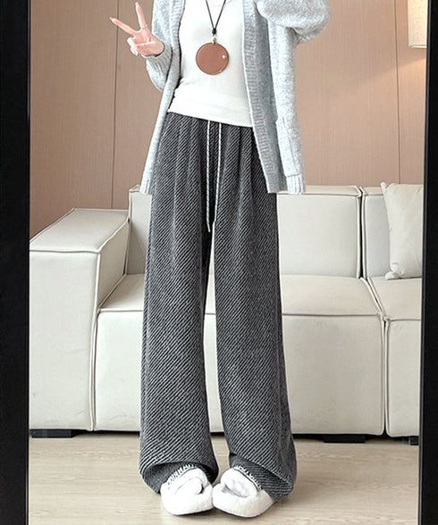 ワイドパンツ レディース イージーパンツ ハイウエストストレートパンツ 裏起毛ノーマル2タイプ ウエストゴム リラックスパンツ 着やせ 斜めストライプロングパンツ 80RTONG-002