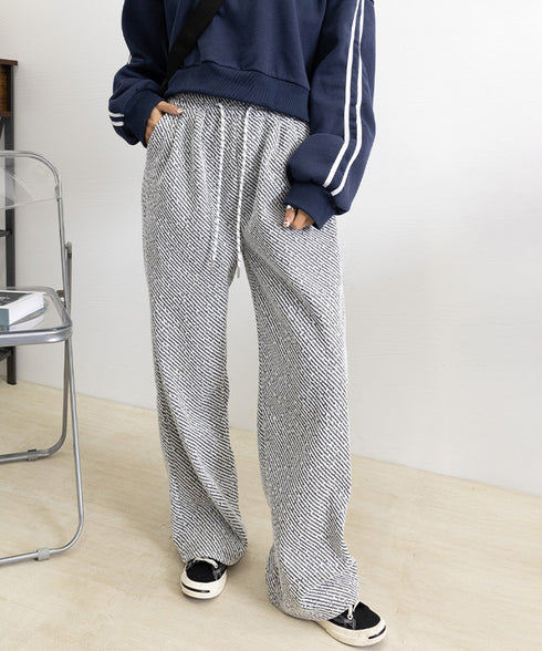 ワイドパンツ レディース イージーパンツ ハイウエストストレートパンツ 裏起毛ノーマル2タイプ ウエストゴム リラックスパンツ 着やせ 斜めストライプロングパンツ 80RTONG-002