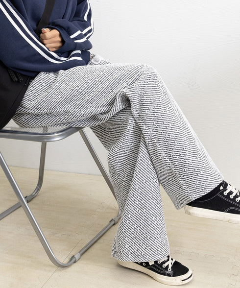 ワイドパンツ レディース イージーパンツ ハイウエストストレートパンツ 裏起毛ノーマル2タイプ ウエストゴム リラックスパンツ 着やせ 斜めストライプロングパンツ 80RTONG-002