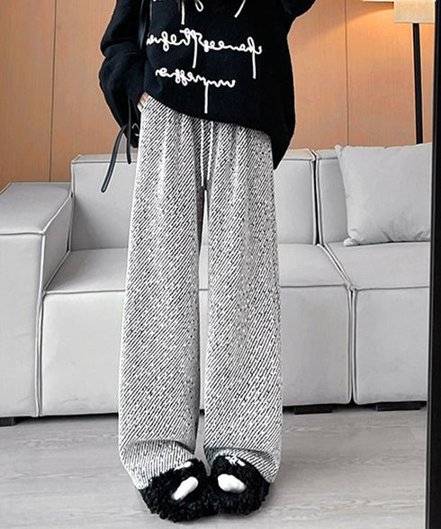ワイドパンツ レディース イージーパンツ ハイウエストストレートパンツ 裏起毛ノーマル2タイプ ウエストゴム リラックスパンツ 着やせ 斜めストライプロングパンツ 80RTONG-002