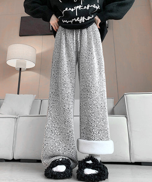 ワイドパンツ レディース イージーパンツ ハイウエストストレートパンツ 裏起毛ノーマル2タイプ ウエストゴム リラックスパンツ 着やせ 斜めストライプロングパンツ 80RTONG-002