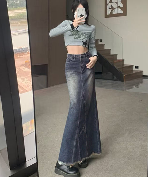 デニムロングスカート バックスリット韓国 ヴィンテージ デニムスカート レディース 裾フリンジロングスカート ハイウエストAラインスカート 体型カバーブリーチ加工 80RUIQ-001