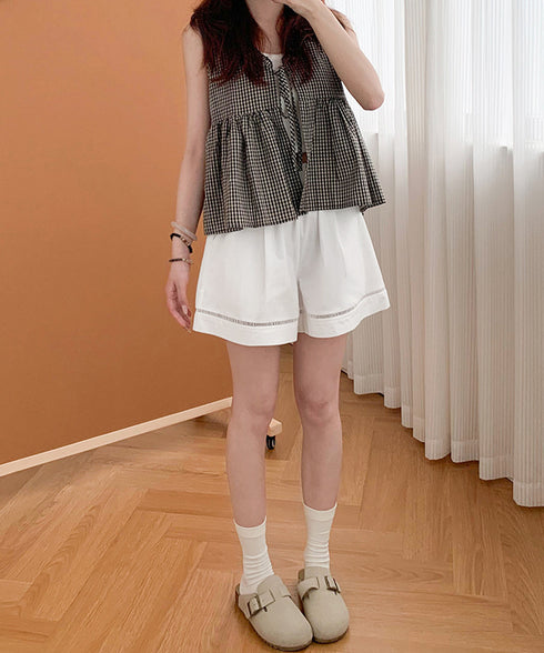 梯子レースショートパンツハーフパンツ夏服 レディース ハイウエスト短パン おしゃれ可愛い ゆったりショーパン ウエストゴムキュロットボトムスきれいめ 裾透かし彫り 80SANSHI-001