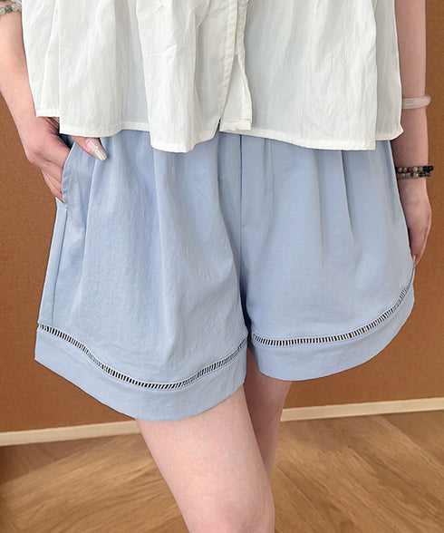 梯子レースショートパンツハーフパンツ夏服 レディース ハイウエスト短パン おしゃれ可愛い ゆったりショーパン ウエストゴムキュロットボトムスきれいめ 裾透かし彫り 80SANSHI-001